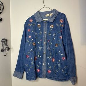 Bobbie Brooks Floral Embroidered Denim Long Sleeve Button up Size XL Vintage